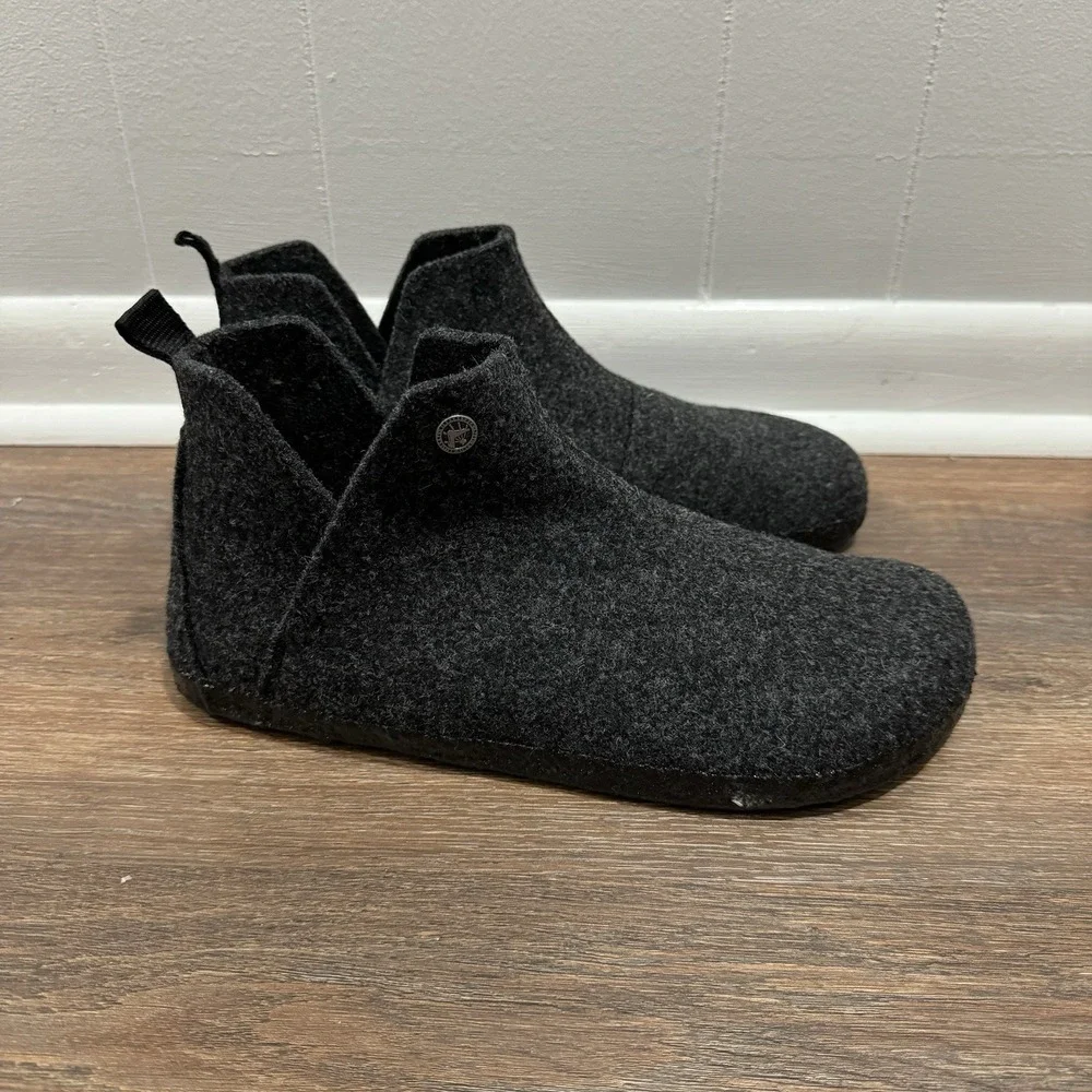 Birkenstock Andermatt Wool Felt Slipper Booties Black Grey Sz 44 Shearling Lined